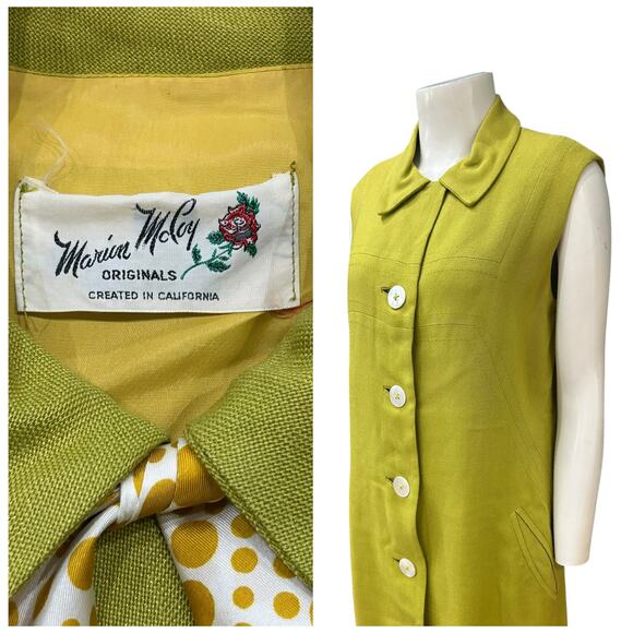 Vintage 60s Mod Chartreuse Sleeveless Button Dress Bow Scarf / Women’s small - - Picture 4 of 4